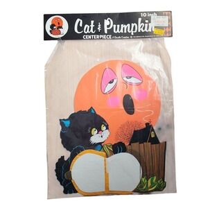 BEISTLE VINTAGE 70s Cat & Pumpkin Honeycomb Centerpiece Halloween Decoration 10"